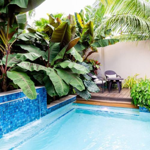 Private blue-tiled pool surrounded by lush tropical foliage and wooden deck with seating