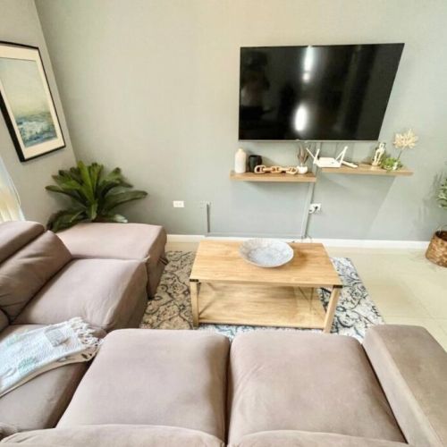 Living room with sectional sofa, large wall-mounted TV, coffee table, shelf with decor and potted plant