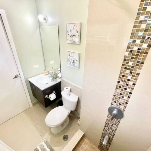 Bathroom with mosaic-tiled accent shower wall, vanity sink with black base, mirror, toilet and decorative wall art