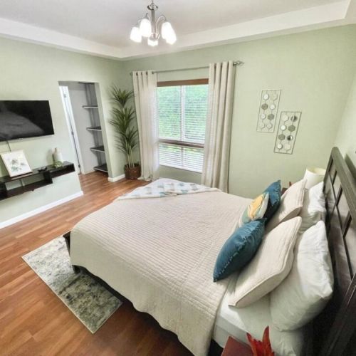 Bedroom with queen bed, wall-mounted TV, floating shelves, potted plant and large window
